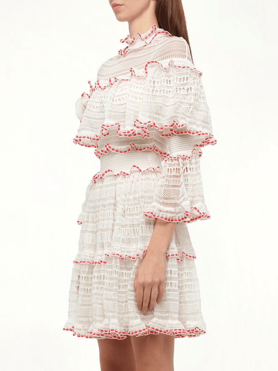 AMQ - Volume Lace Mini Dress in White/Pink