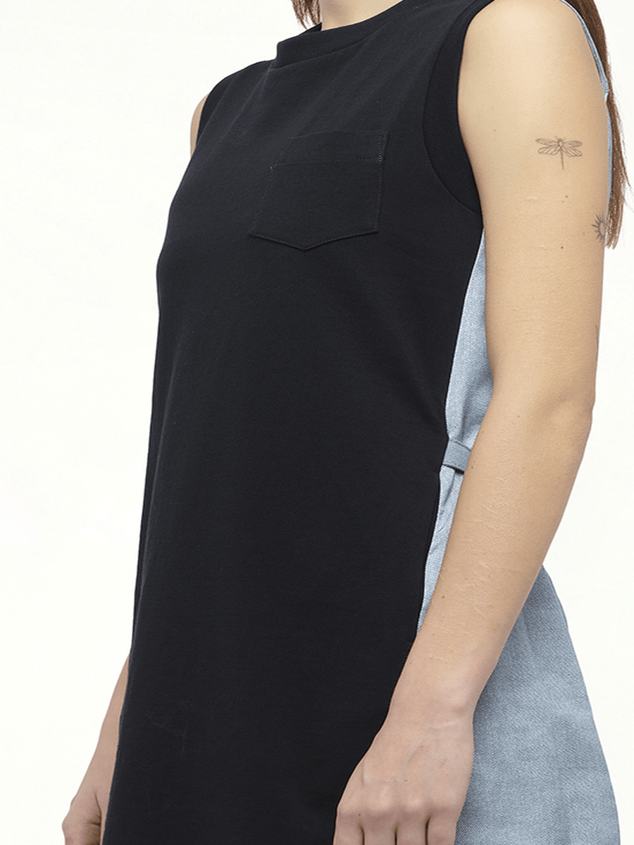 Denim x Cotton Jersey Dress in Navy/Light Blue