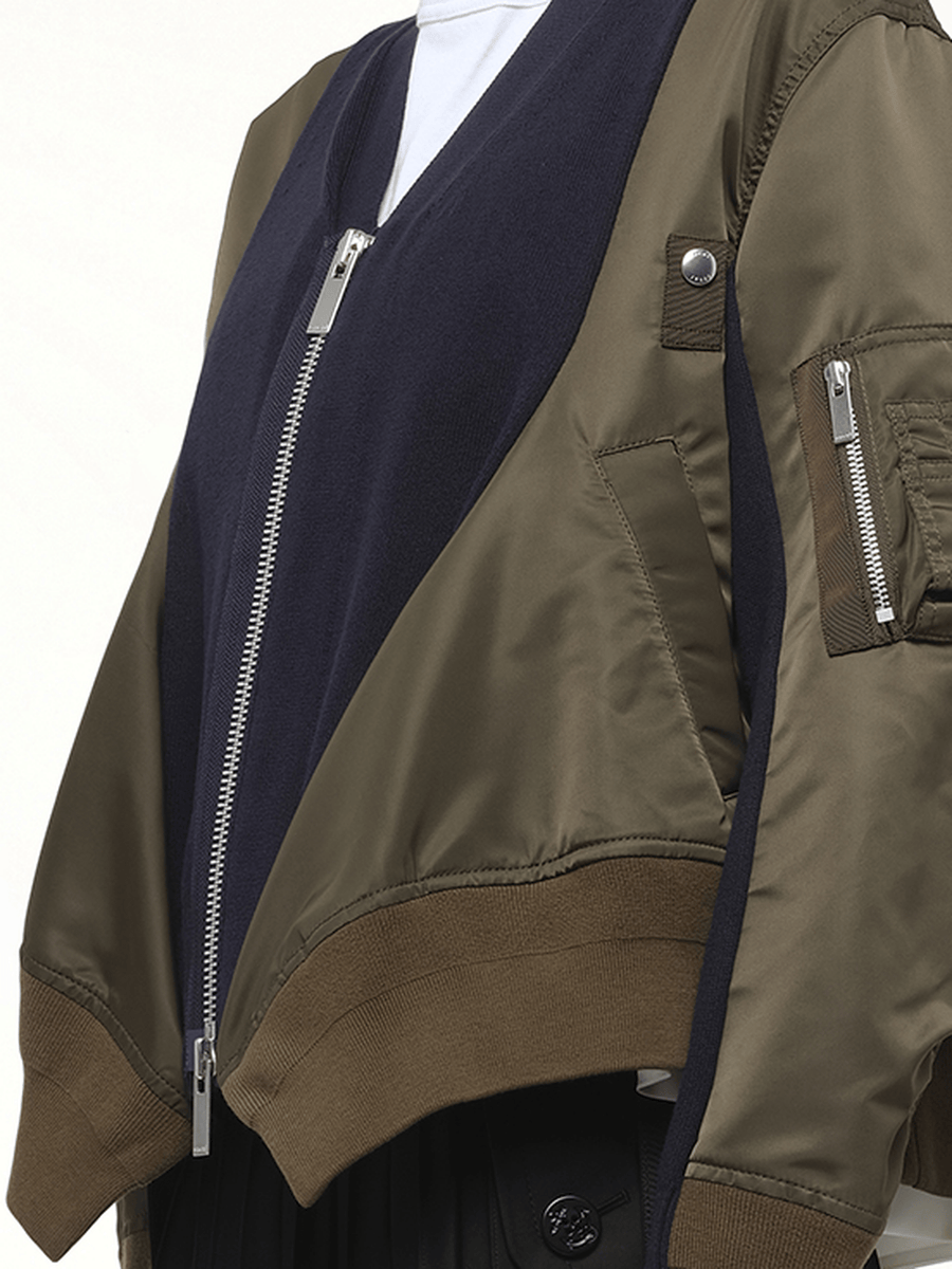 Nylon Twill x Knit Cardigan in Dark Khaki/Navy