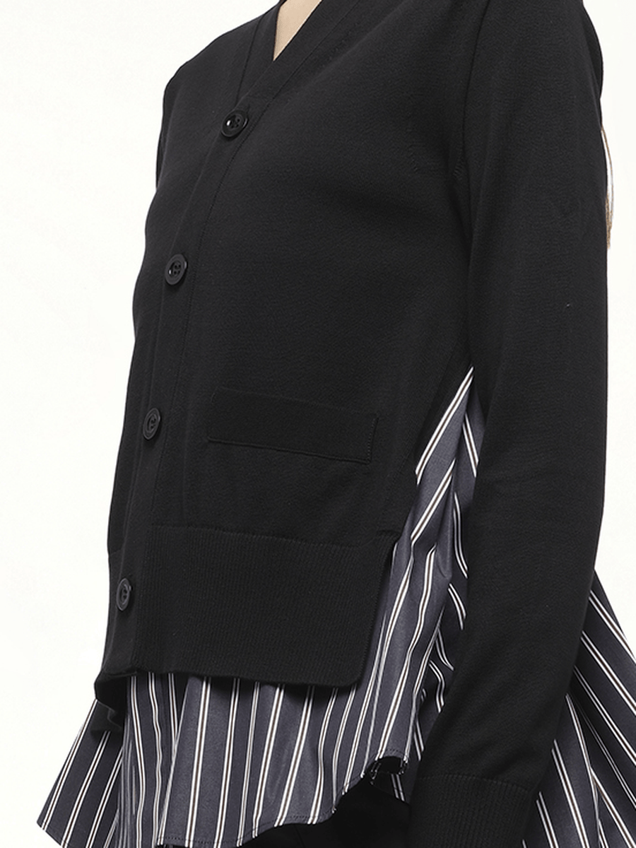 Poplin x Knit Cardigan in Black/Dark Navy Stripe