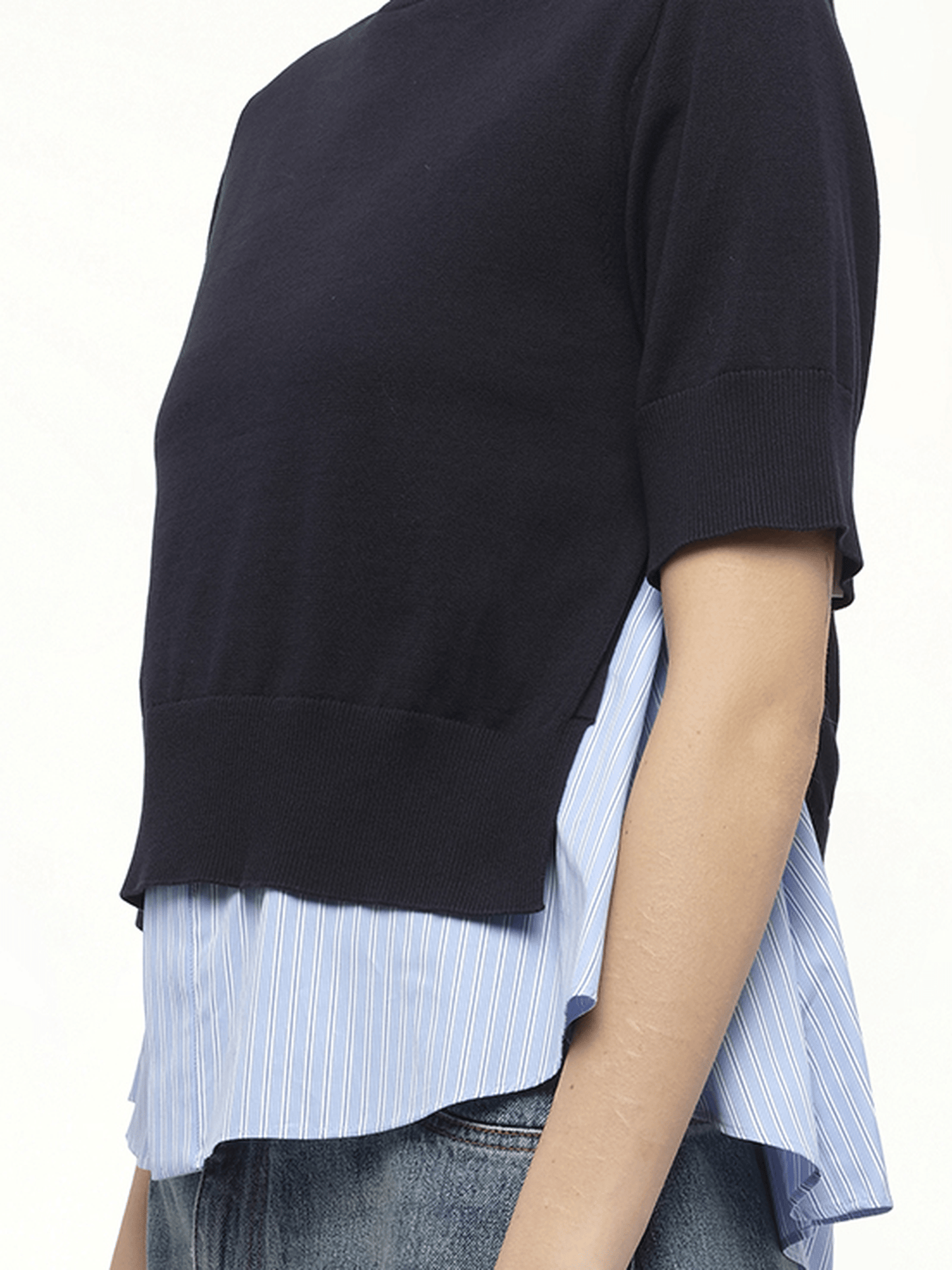 Poplin x Knit Pullover in Navy/Light Blue Stripe