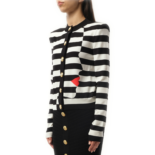 Buttoned Face Mariniere Knit Cardigan in Black/White