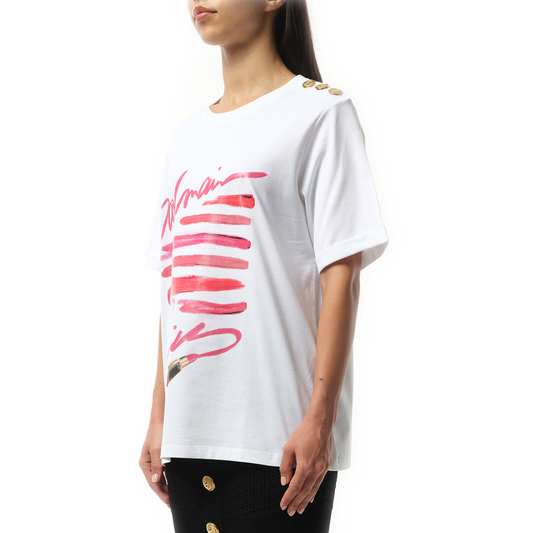 3 Btn Balmain Lipstick Print T-Shirt in White