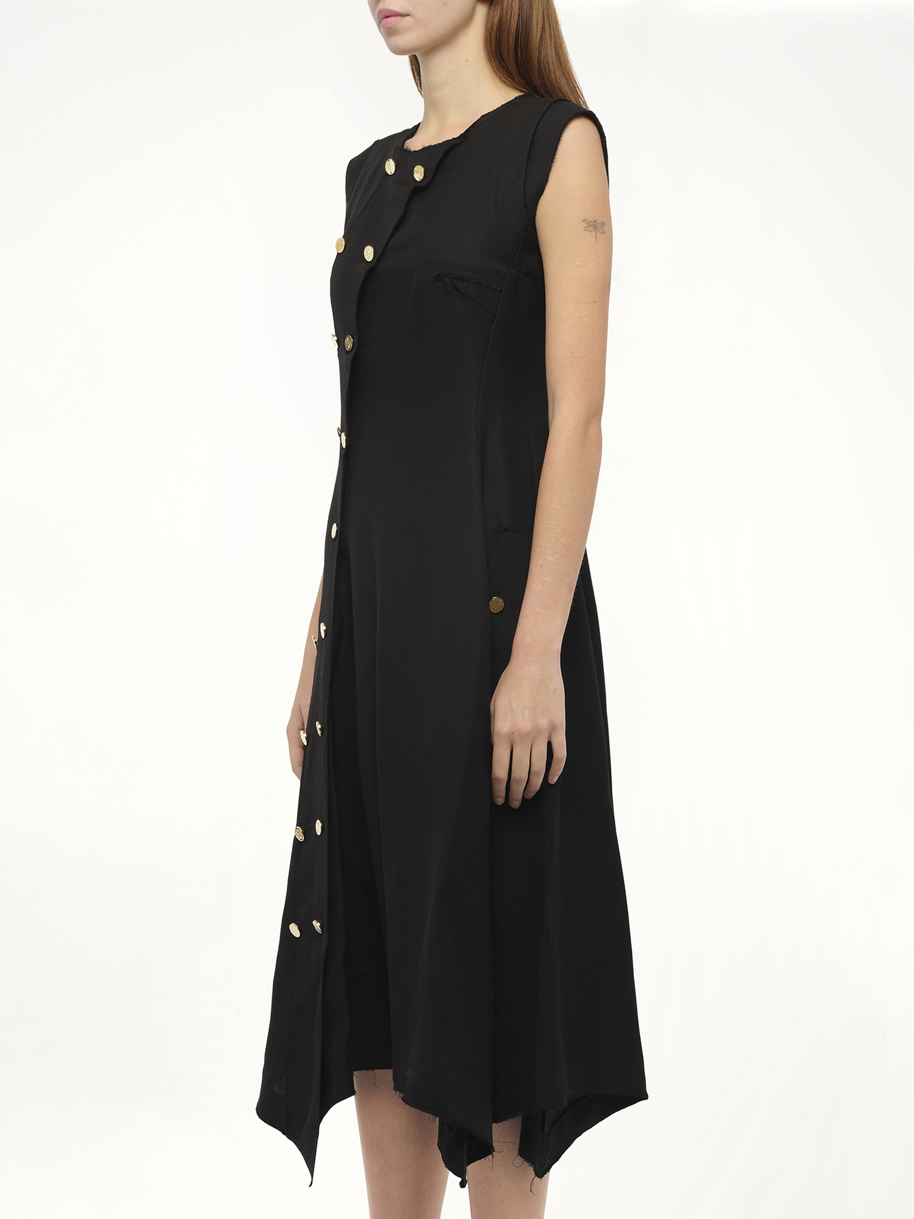 Gold Button Sleeveless Dress in Black