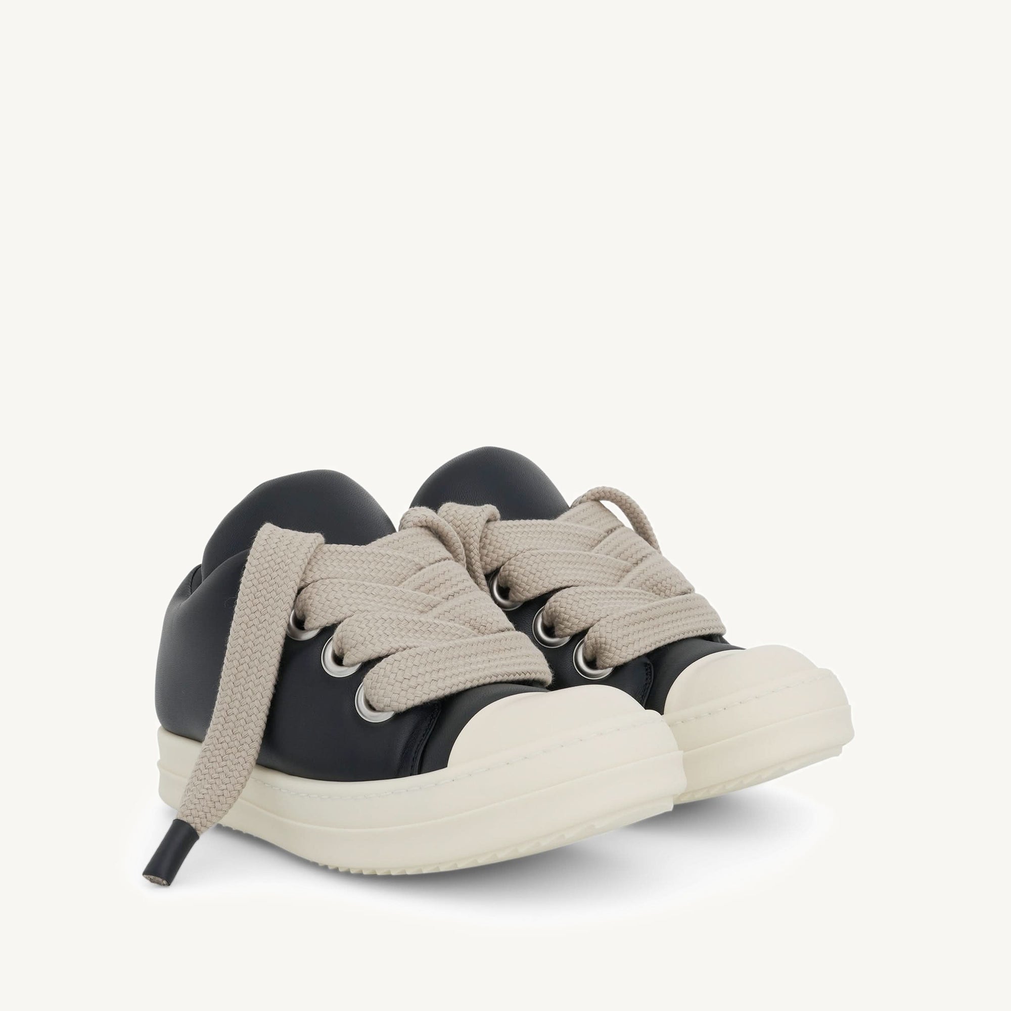 Jumbo Lace Padded Low Sneaker in Black/Milk Front View | RICK OWENS