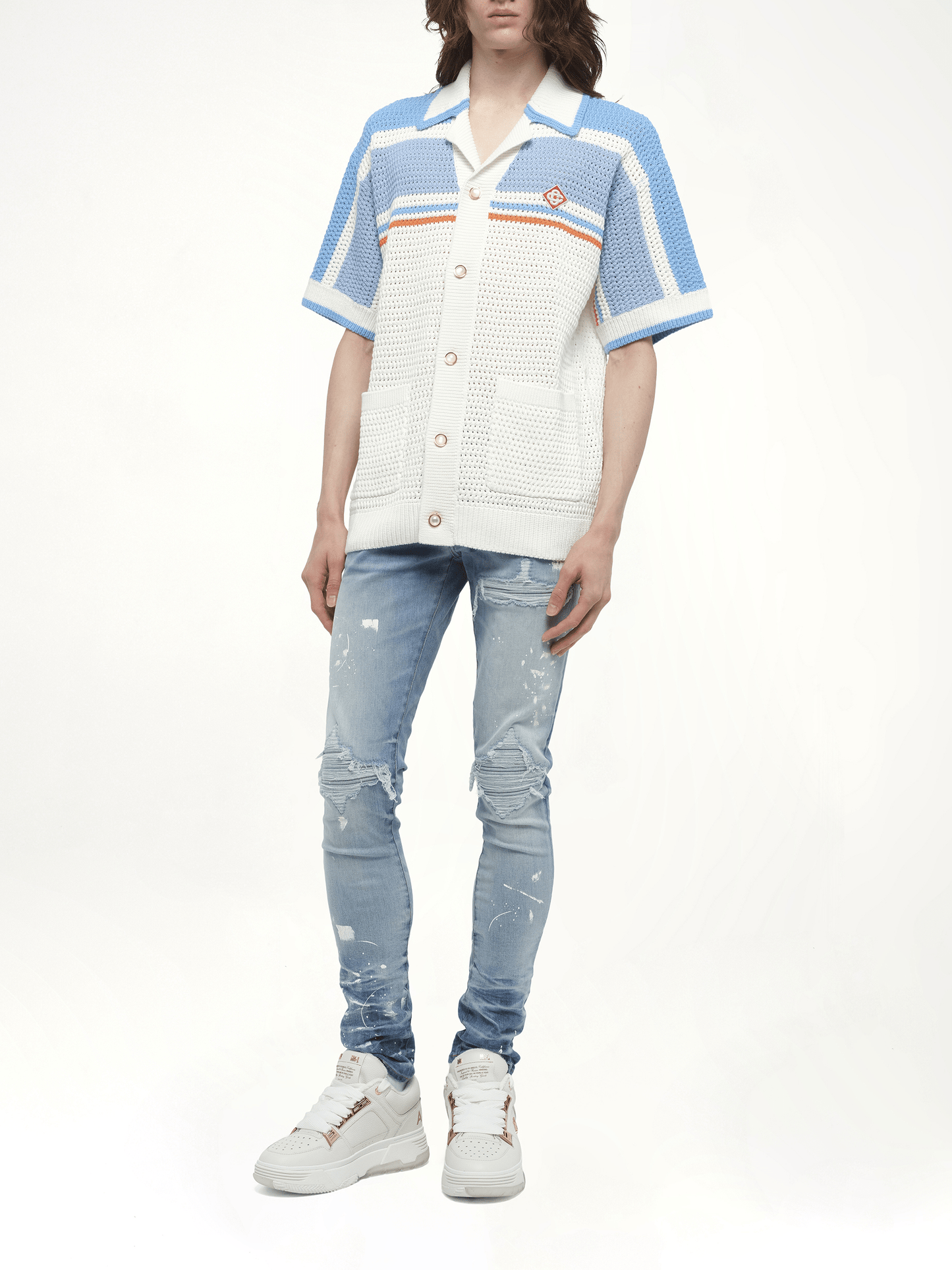 Faux Crochet Shirt in Blue