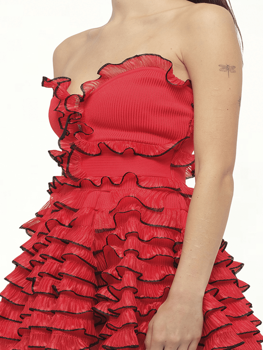 Off Shld Str Mini Dress in Red/Blk
