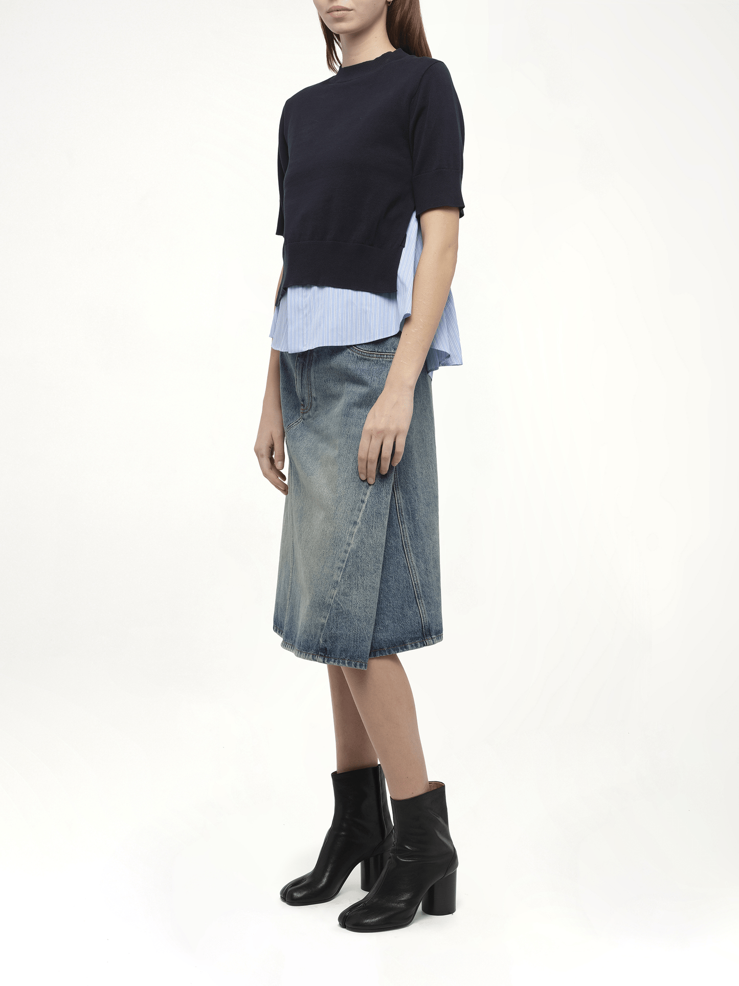 Poplin x Knit Pullover in Navy/Light Blue Stripe