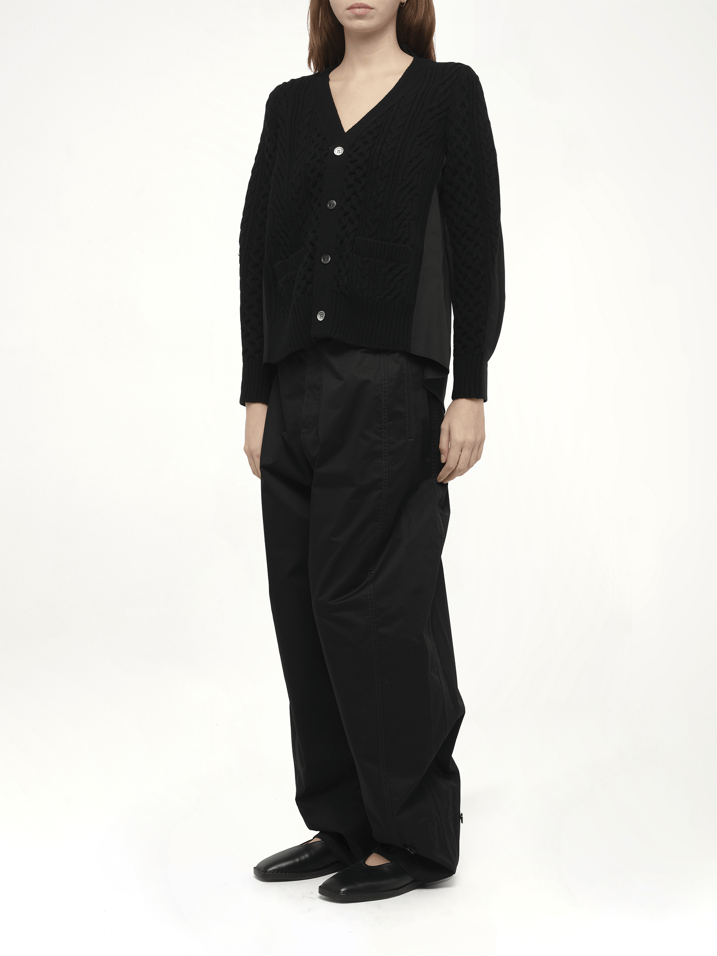 Wool Knit x Cotton Poplin Cardigan in Black/Black