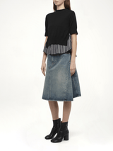 Poplin x Knit Pullover in Black/Dark Navy Stripe