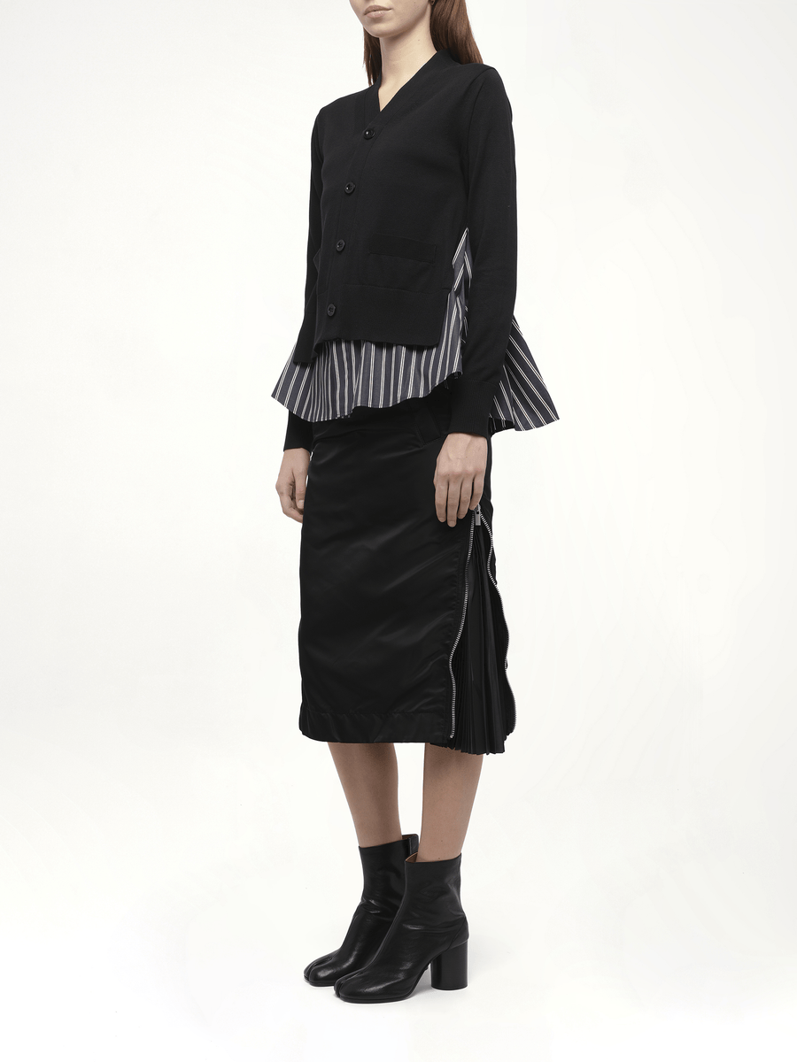 Poplin x Knit Cardigan in Black/Dark Navy Stripe