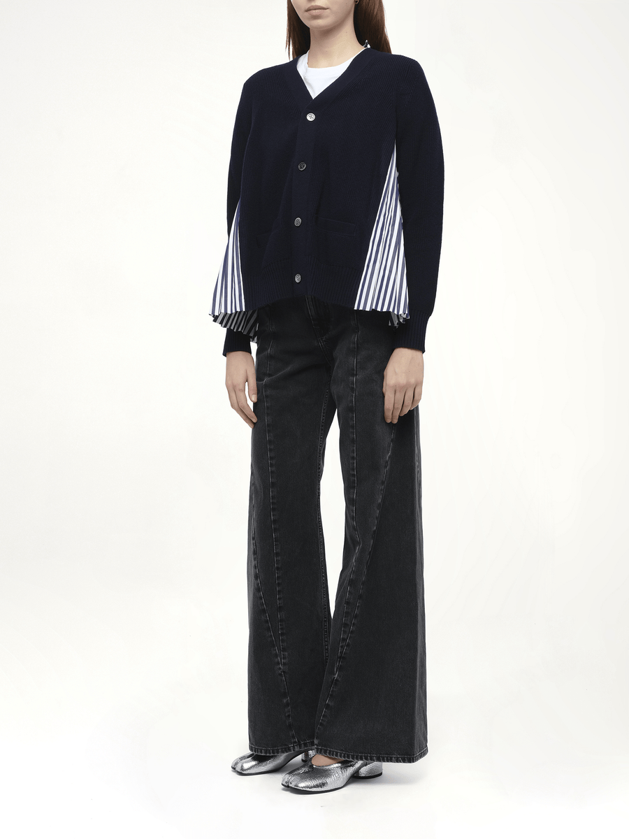 Wool Knit x Cotton Poplin Cardigan in Navy/NavyStripe