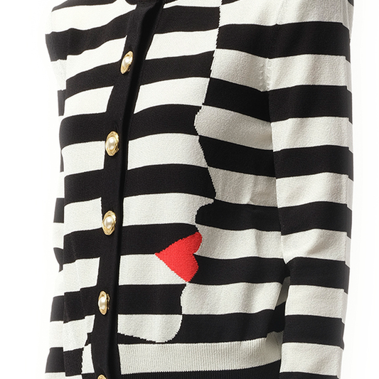Buttoned Face Mariniere Knit Cardigan in Black/White