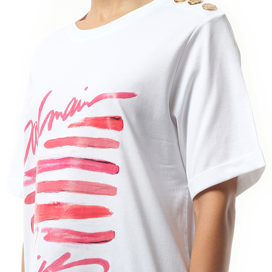 3 Btn Balmain Lipstick Print T-Shirt in White