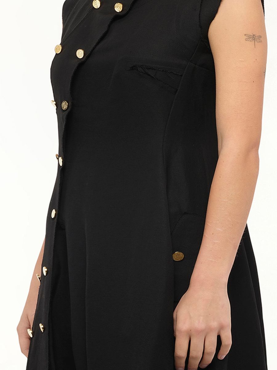 Gold Button Sleeveless Dress in Black