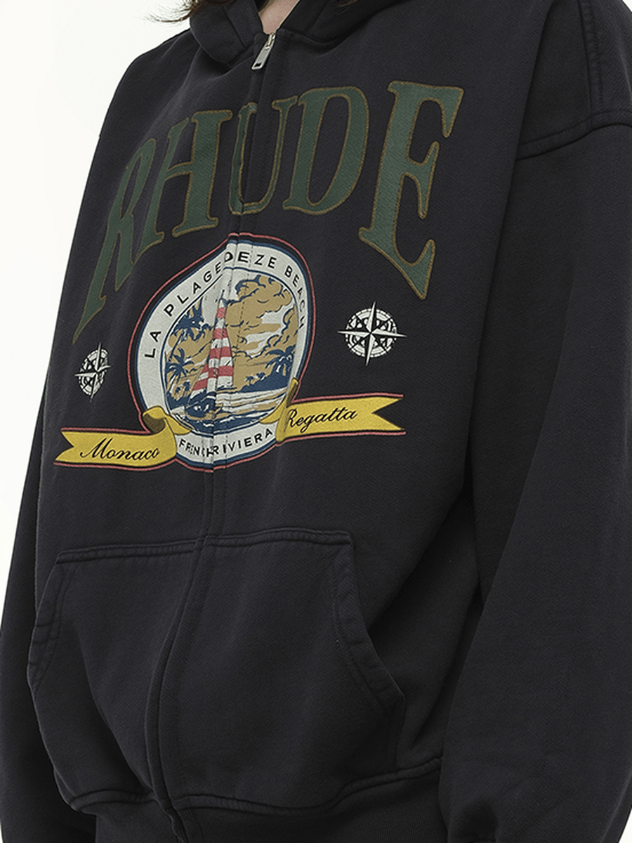 Rhude Monaco Regatta Full-Zip Hoodie in Vintage Black