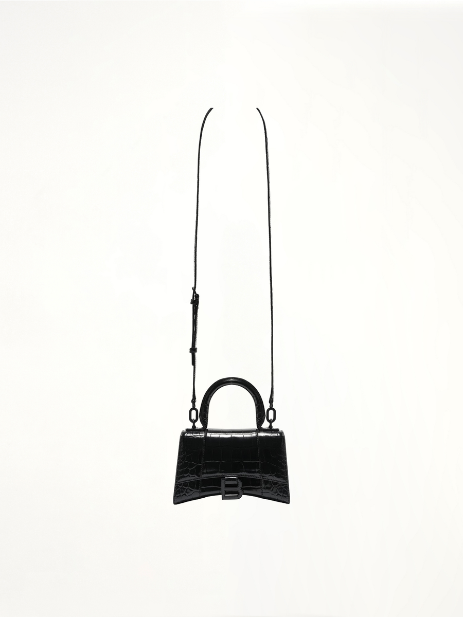 Hourglass XS Croco Embossed Bag in Black