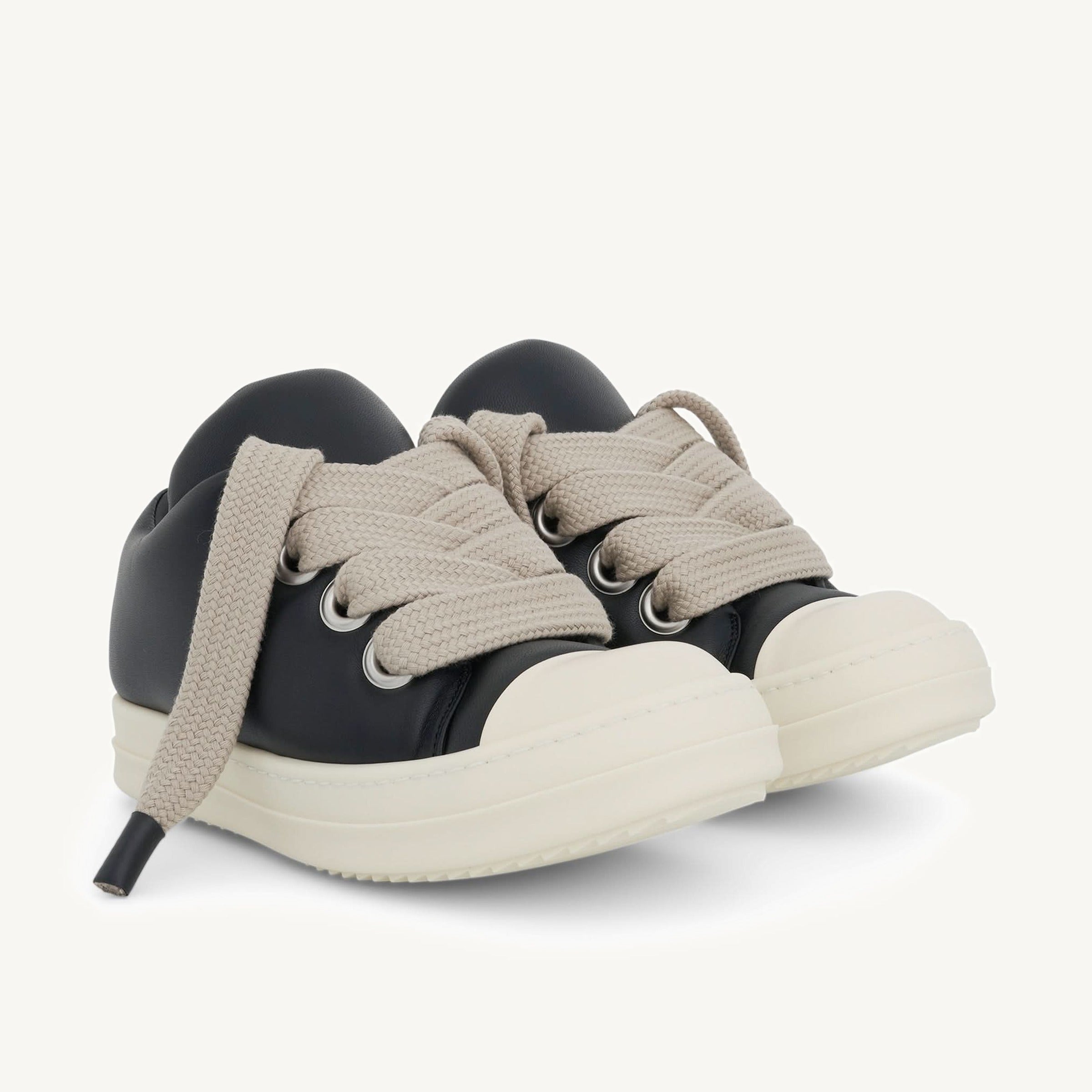 Jumbo Lace Padded Low Sneaker in Black/Milk Front View | RICK OWENS