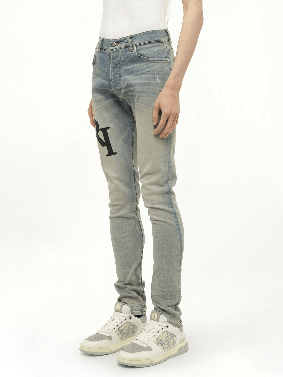 Staggered Logo Skinny Jeans in Antique Indigo/Black
