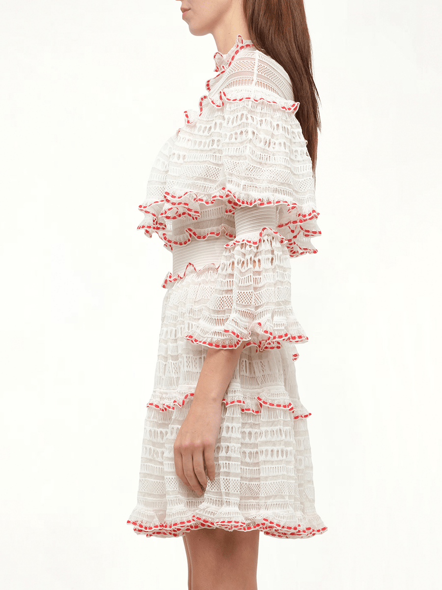 AMQ - Volume Lace Mini Dress in White/Pink