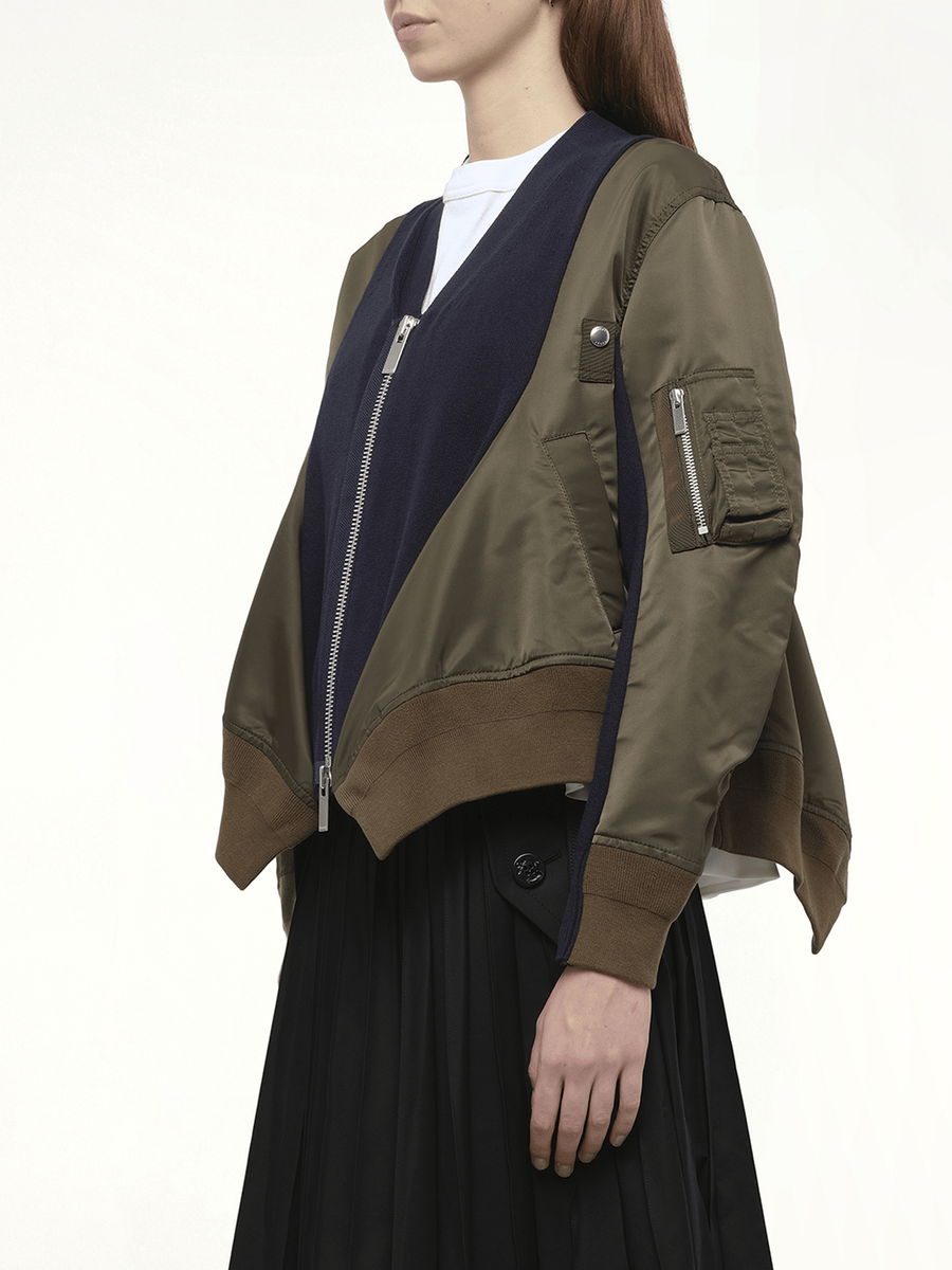 Nylon Twill x Knit Cardigan in Dark Khaki/Navy
