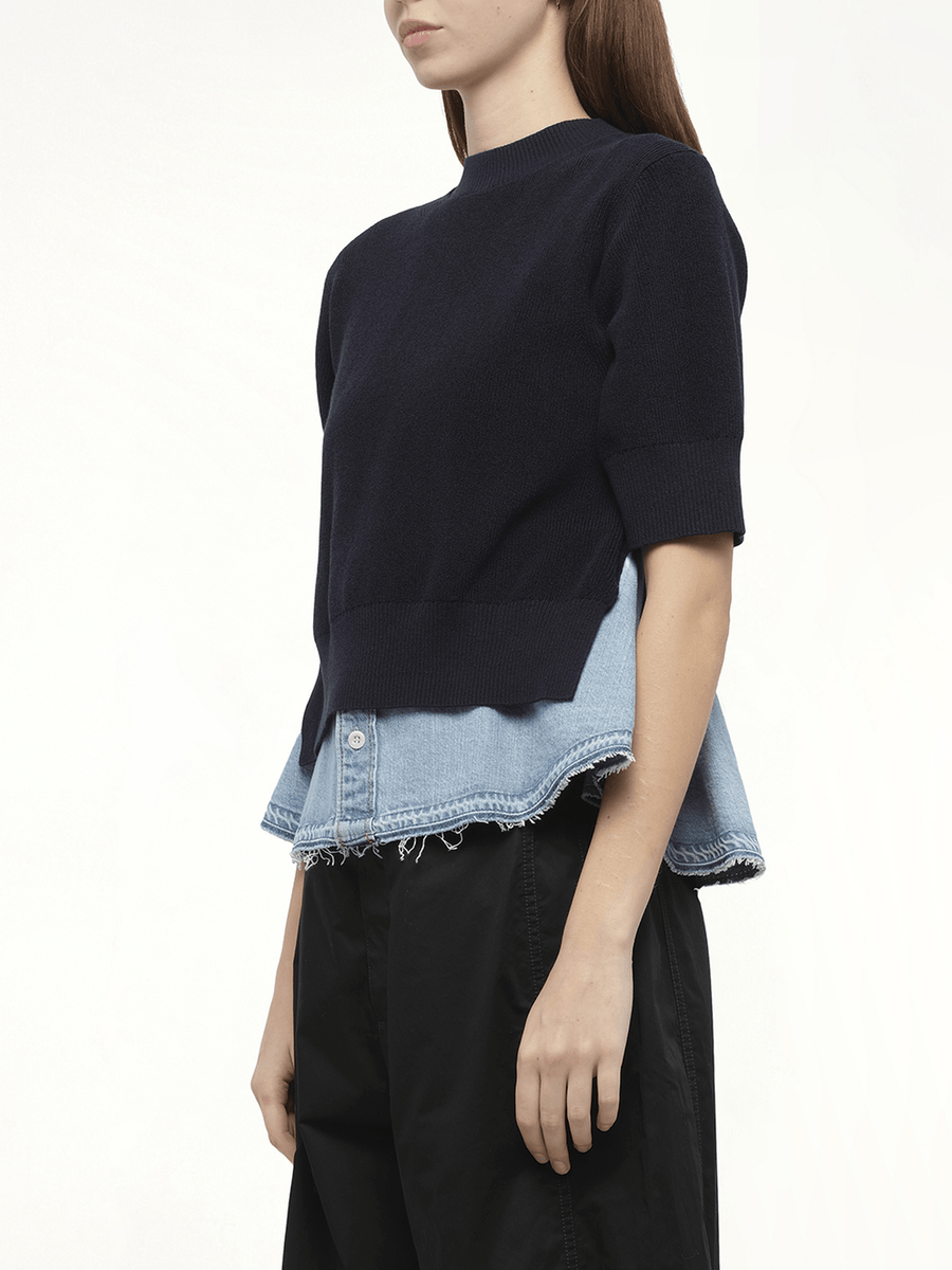 Denim x Knit Pullover in Navy/Light Blue