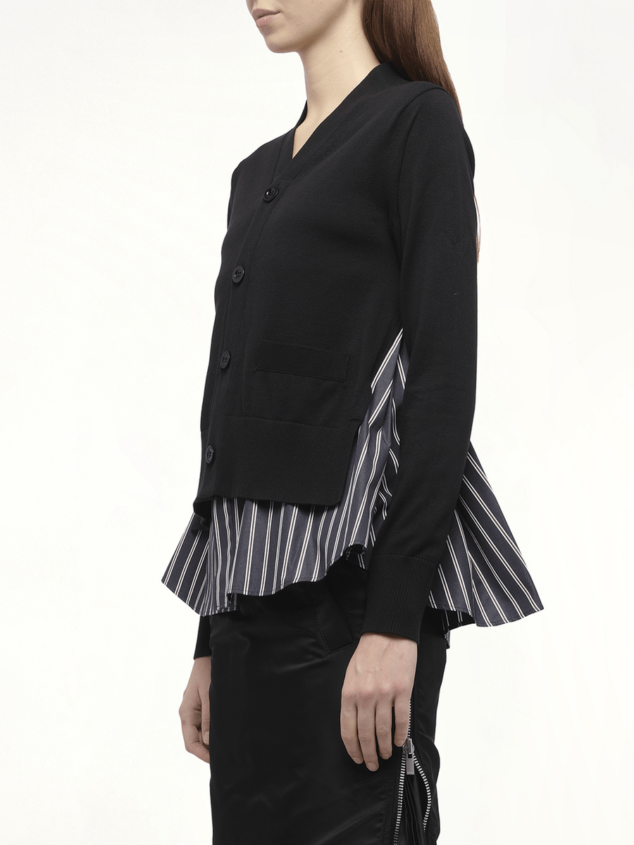 Poplin x Knit Cardigan in Black/Dark Navy Stripe