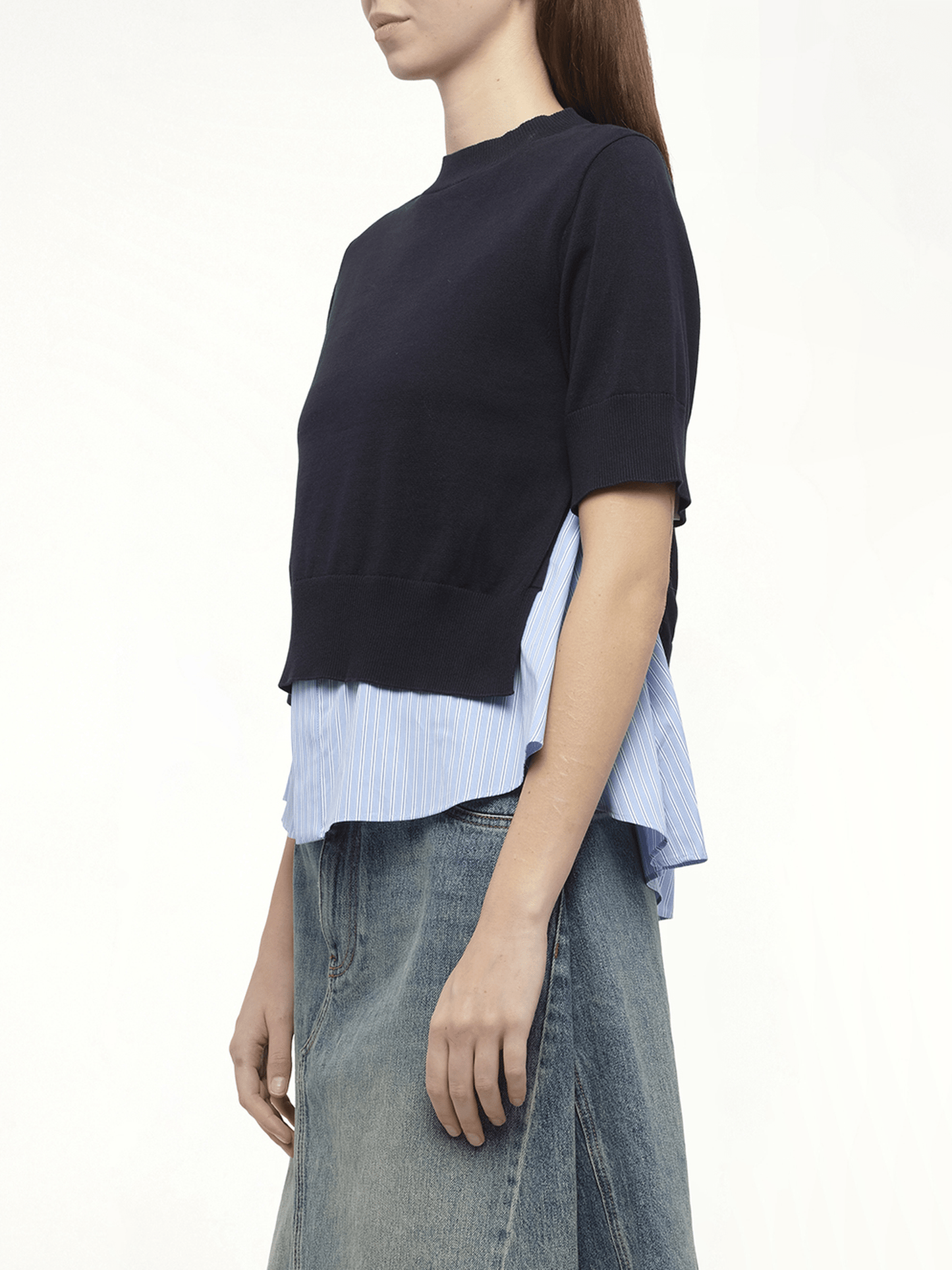 Poplin x Knit Pullover in Navy/Light Blue Stripe