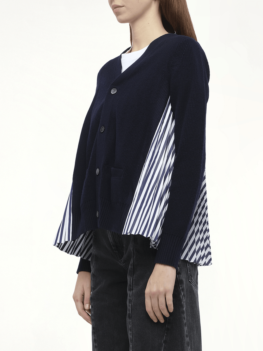 Wool Knit x Cotton Poplin Cardigan in Navy/NavyStripe