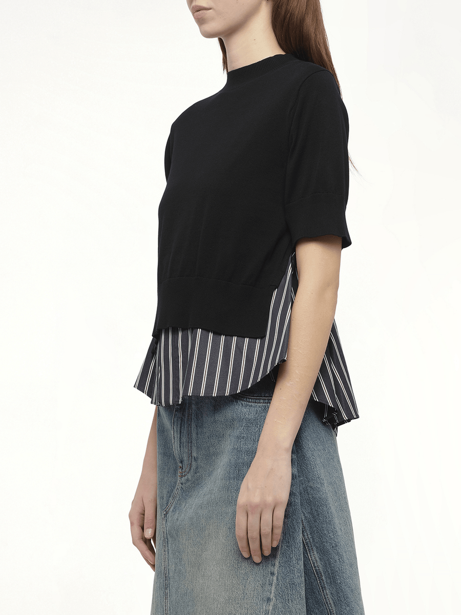 Poplin x Knit Pullover in Black/Dark Navy Stripe