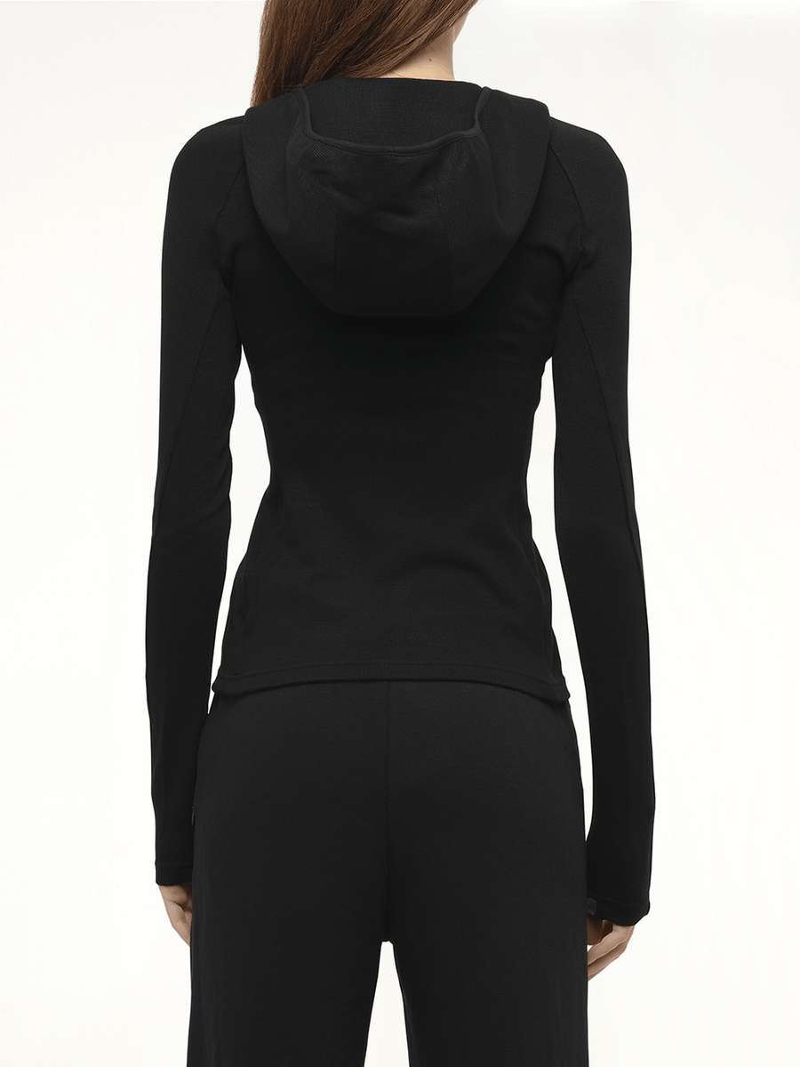 Hooded V-Neck Long Sleeve Top in Black
