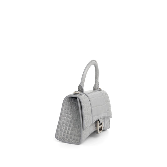 Hourglass XS Croco Embossed Bag in Grey