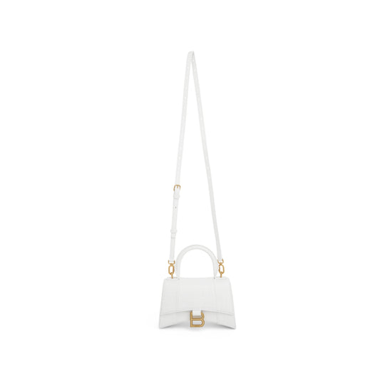 Hourglass XS Croco Embossed Bag in White with Gold Plague