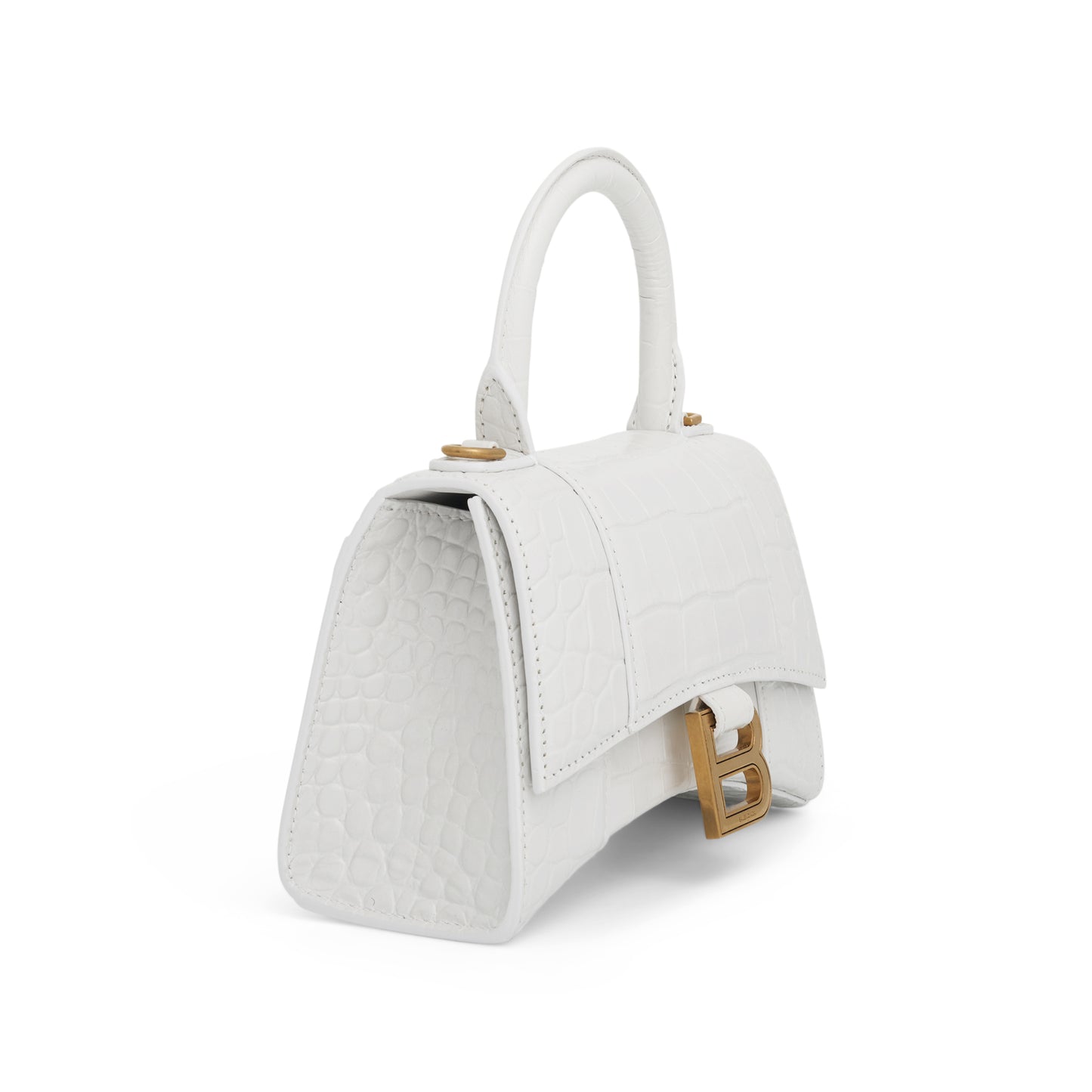 Hourglass XS Croco Embossed Bag in White with Gold Plague