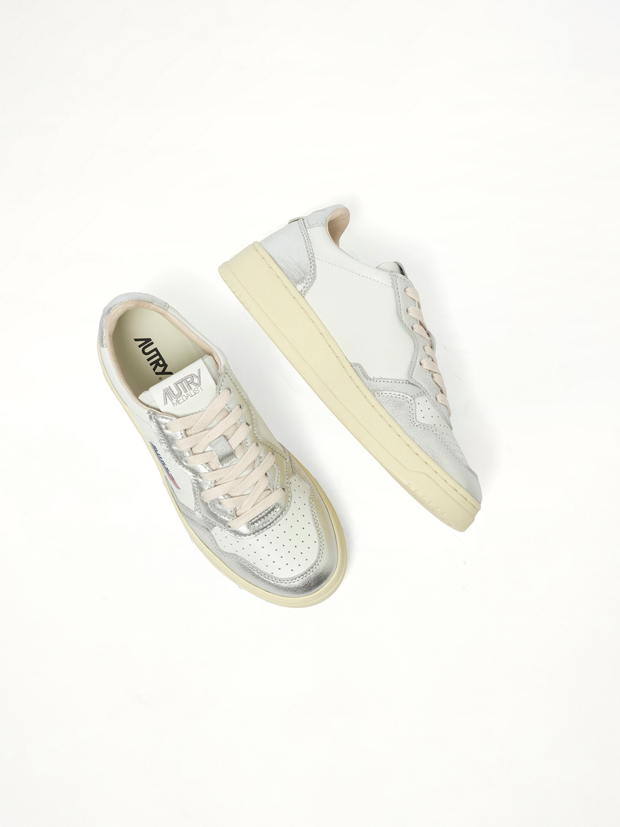 Medalist Low Bicolour Sneakers in White/Silver Back View | AUTRY