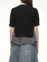 Poplin x Knit Pullover in Black/Dark Navy Stripe