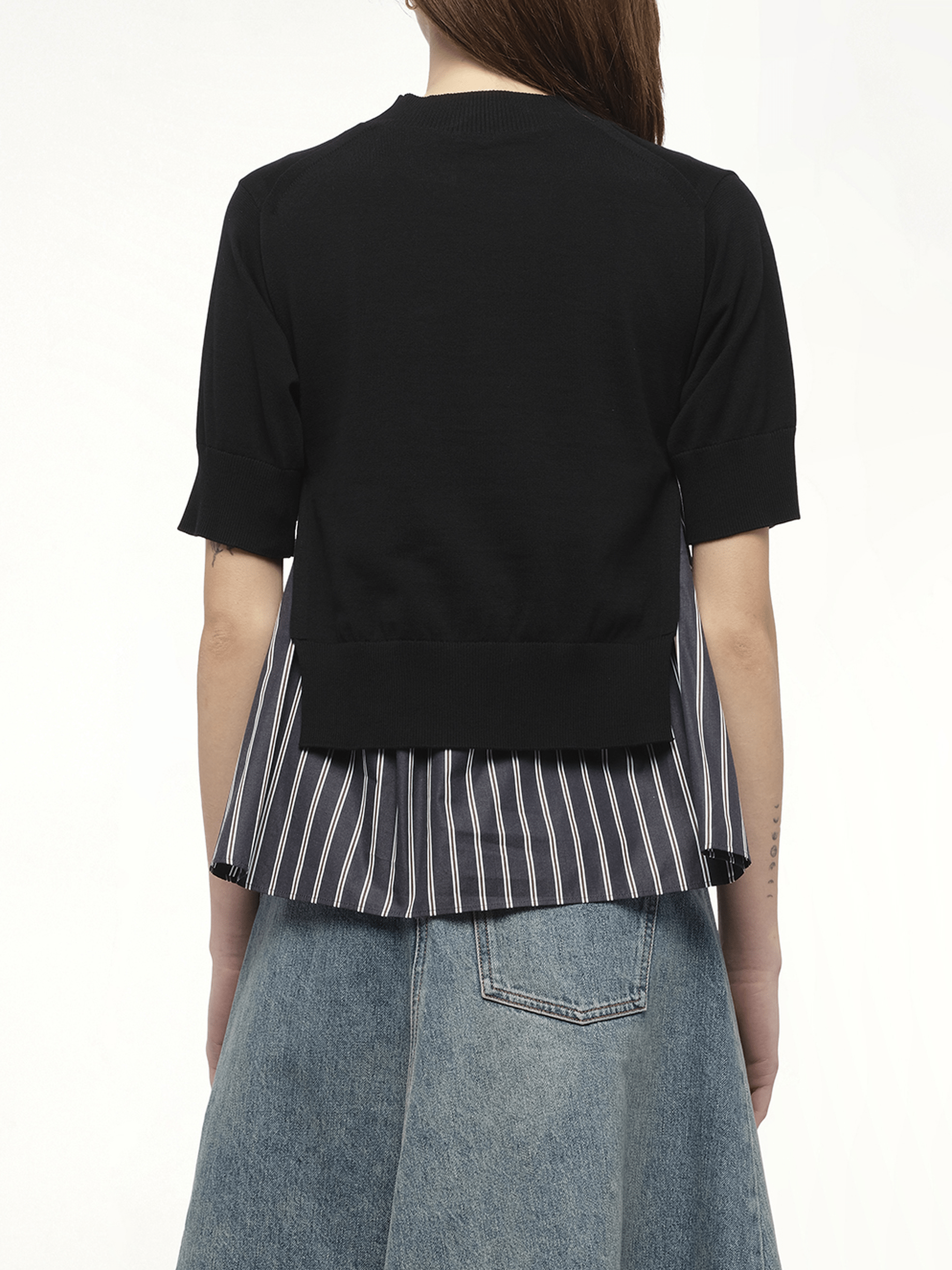 Poplin x Knit Pullover in Black/Dark Navy Stripe