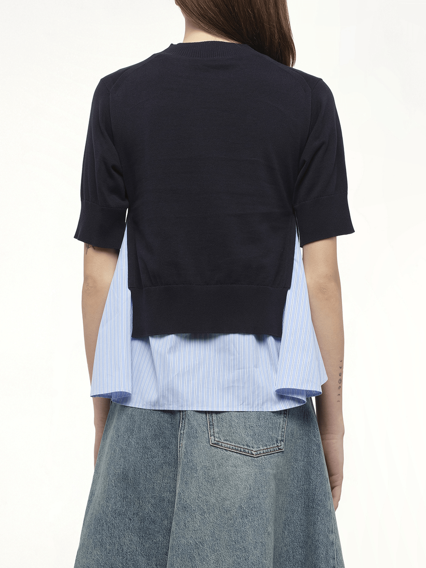 Poplin x Knit Pullover in Navy/Light Blue Stripe