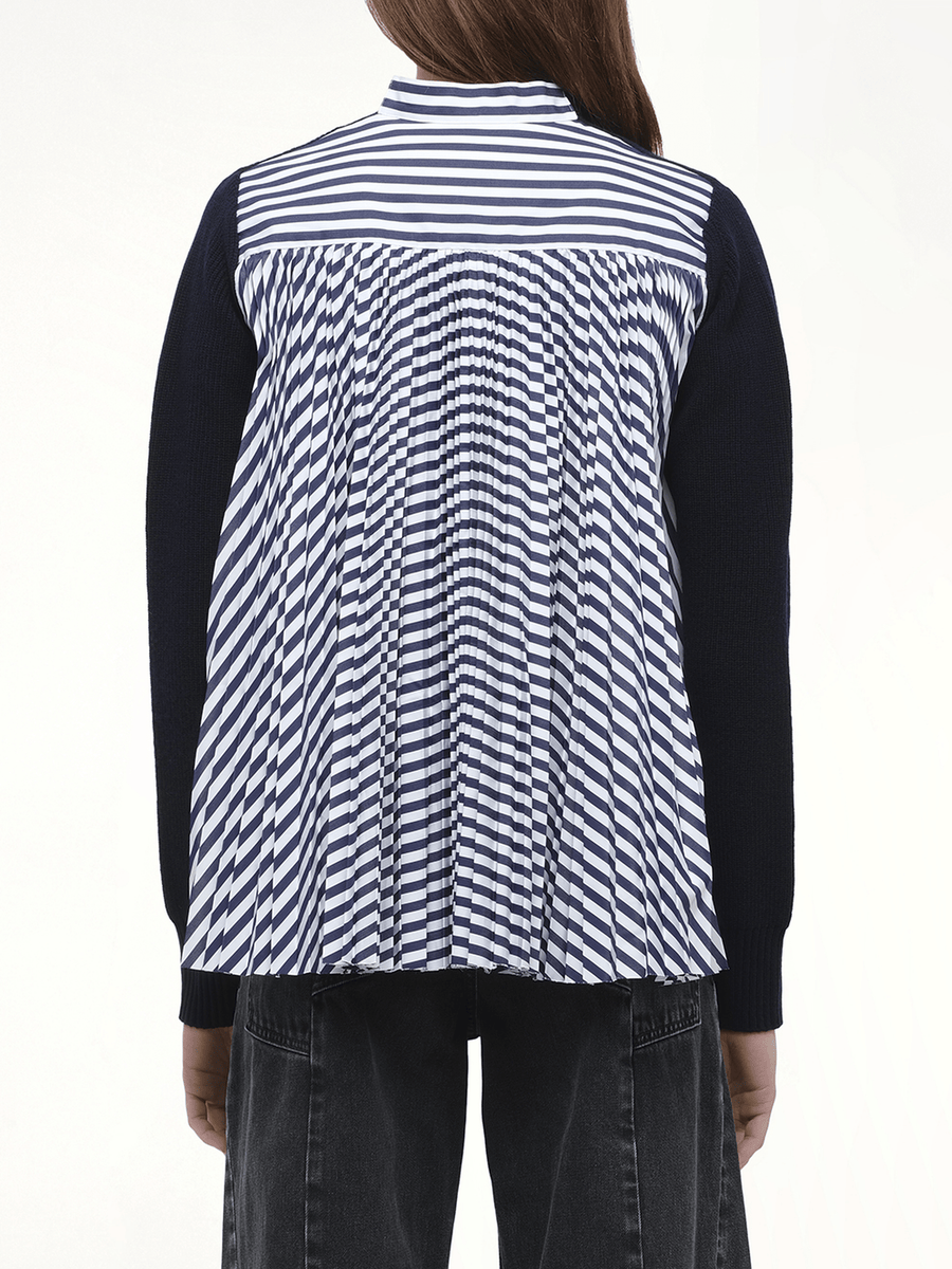 Wool Knit x Cotton Poplin Cardigan in Navy/NavyStripe