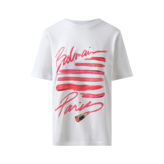 3 Btn Balmain Lipstick Print T-Shirt in White