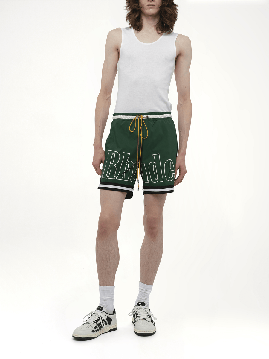 Rhude Logo Basketball Swim Short in Forest Green/Black/White