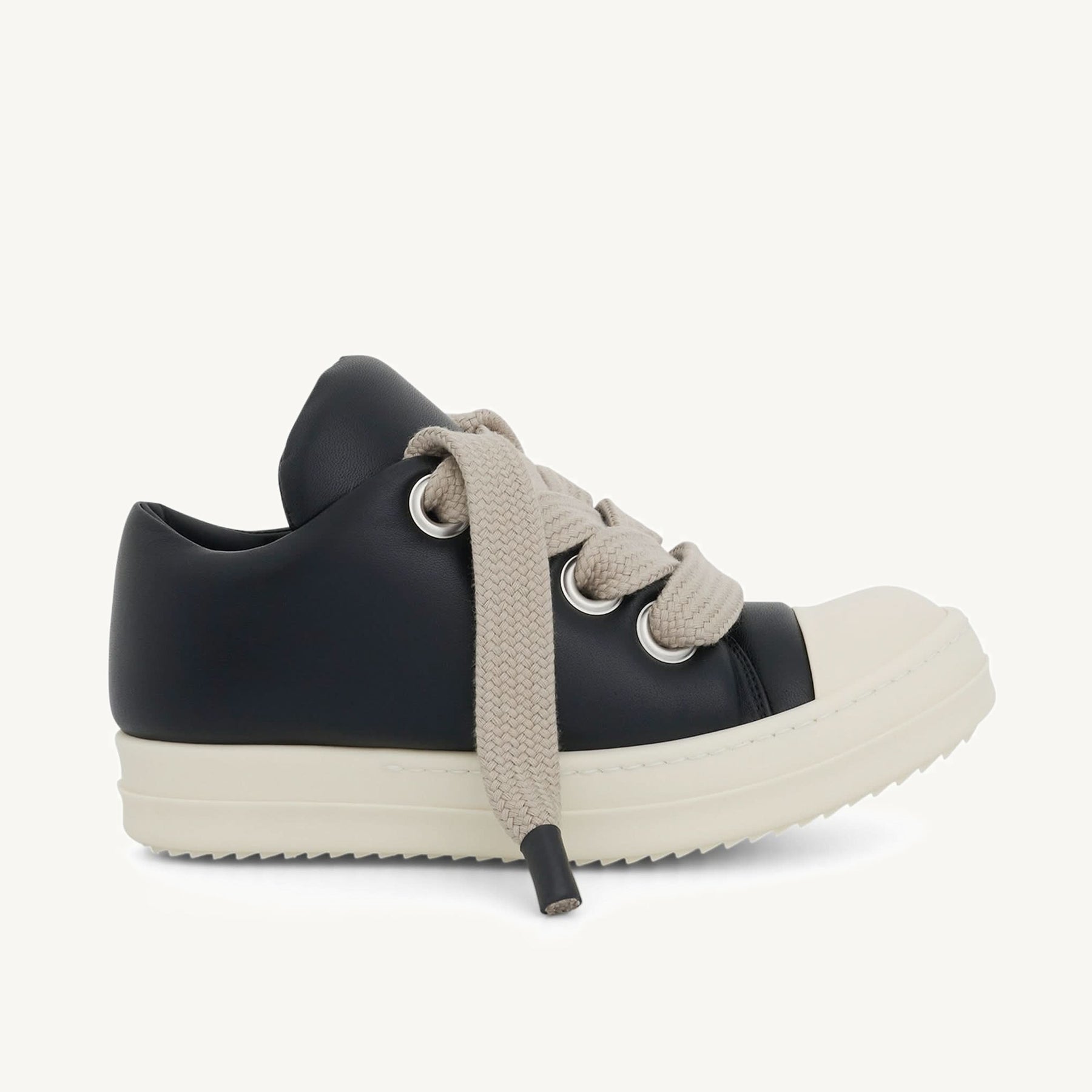 Jumbo Lace Padded Low Sneaker in Black/Milk Side View | RICK OWENS