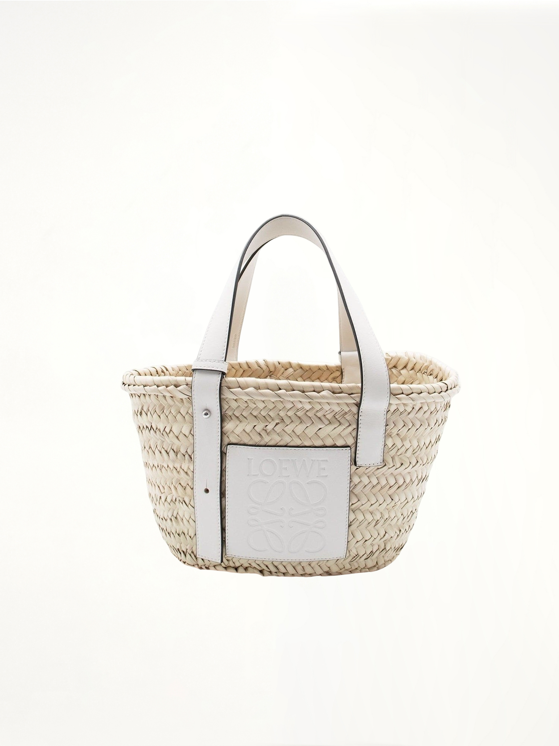 Small Basket Bag in Palm Leaf and Calfskin in Natural/White