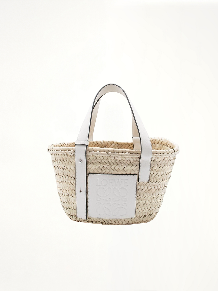 Small Basket Bag in Palm Leaf and Calfskin in Natural/White