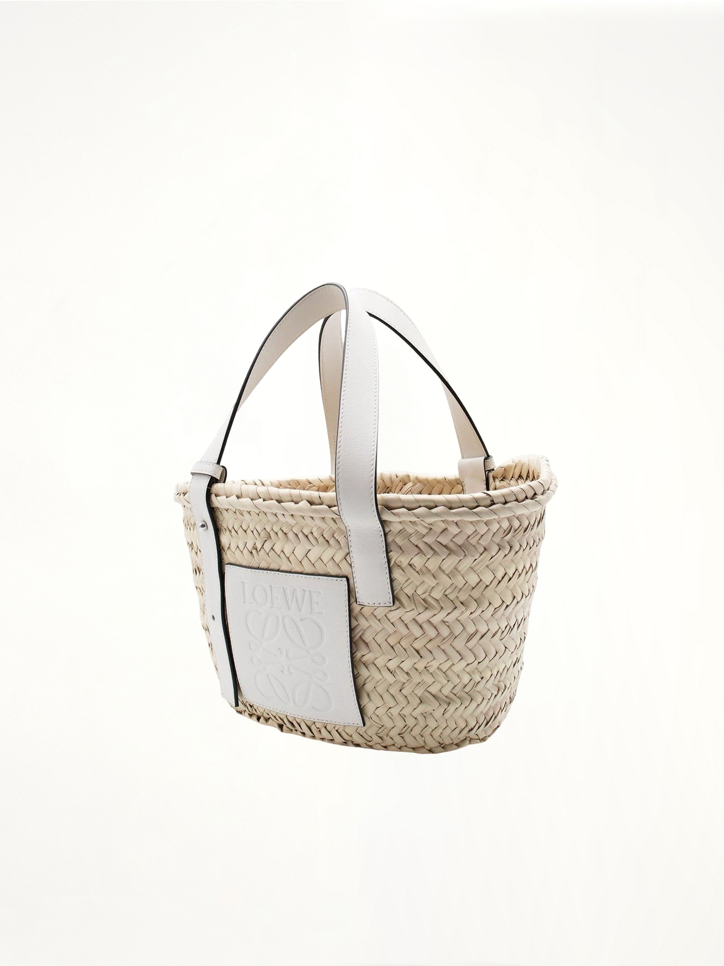 Small Basket Bag in Palm Leaf and Calfskin in Natural/White