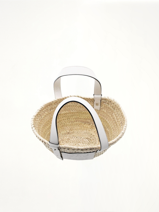 Small Basket Bag in Palm Leaf and Calfskin in Natural/White