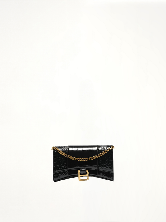 Hourglass Embossed Croco Wallet On Chain in Black