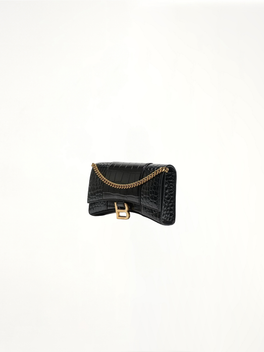 Hourglass Embossed Croco Wallet On Chain in Black