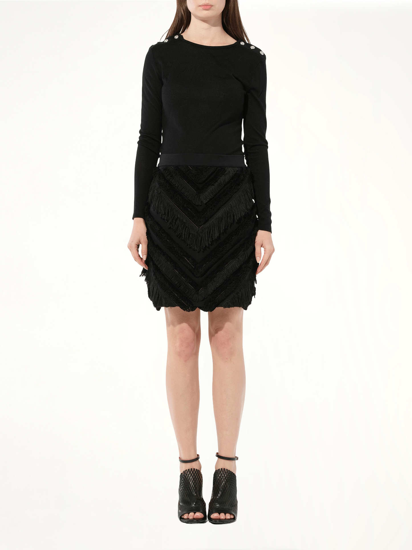 Chevron Fringed Mini Skirts in Black