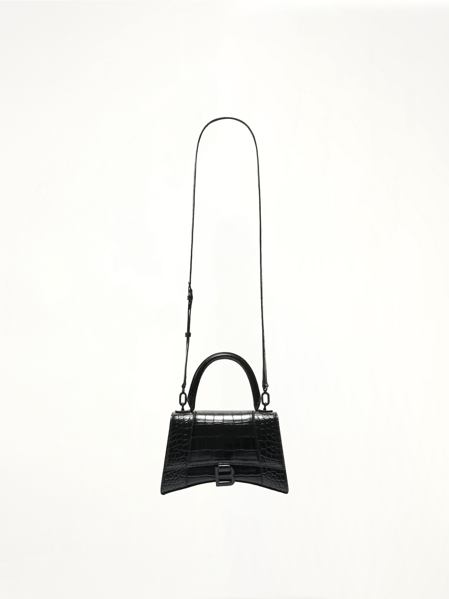 Hourglass Small Croco Embossed Bag in Black